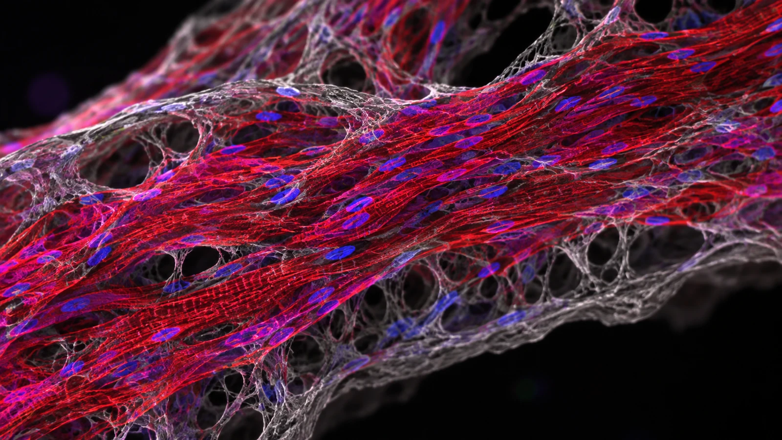 Fluorescence-style view of aligned cardiac muscle fibers embedded in a matrix