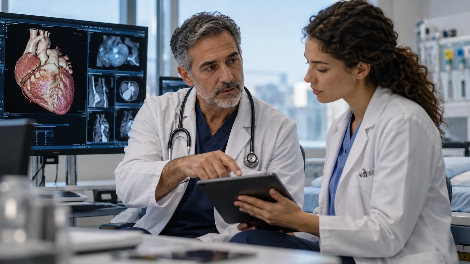 Two clinicians reviewing echocardiography and ECG material together