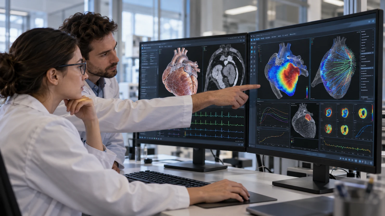 Researchers reviewing digital cardiac models and electrophysiology traces on multiple monitors