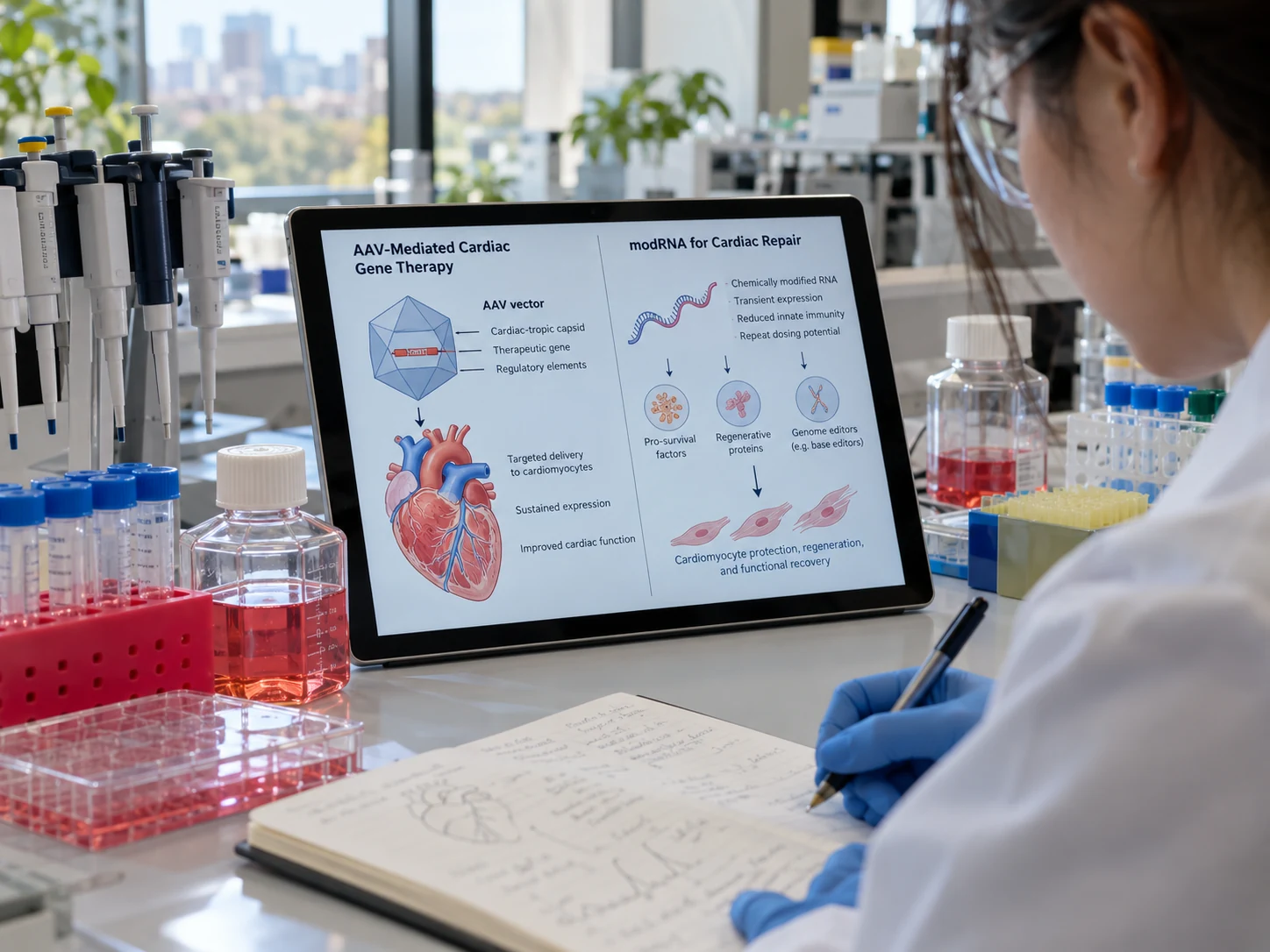 Research bench scene illustrating cardiac gene therapy design with AAV and modified RNA concepts.