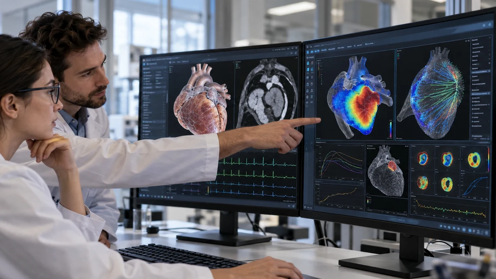 Researchers reviewing multi-monitor cardiac imaging analysis