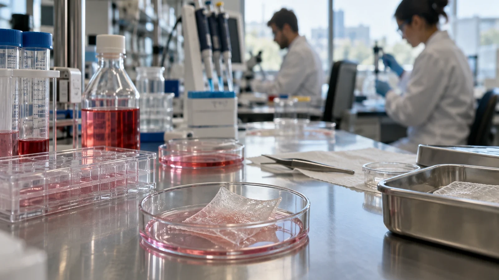 Engineered tissue and biomaterial constructs on a laboratory bench