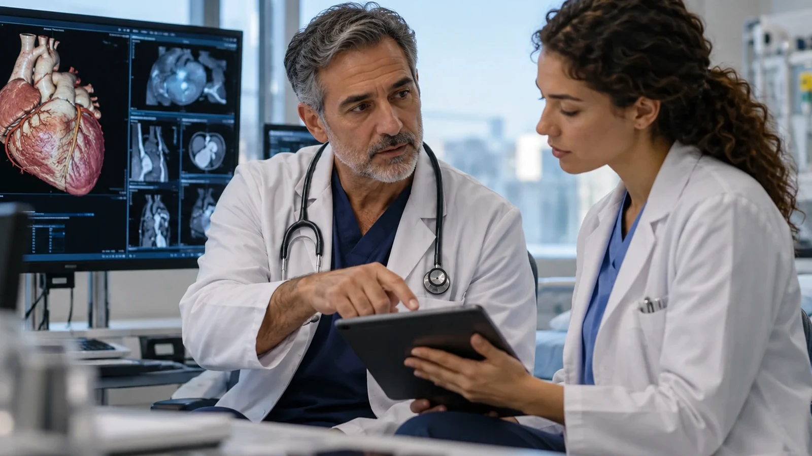 Clinicians reviewing cardiac imaging and ECG information together