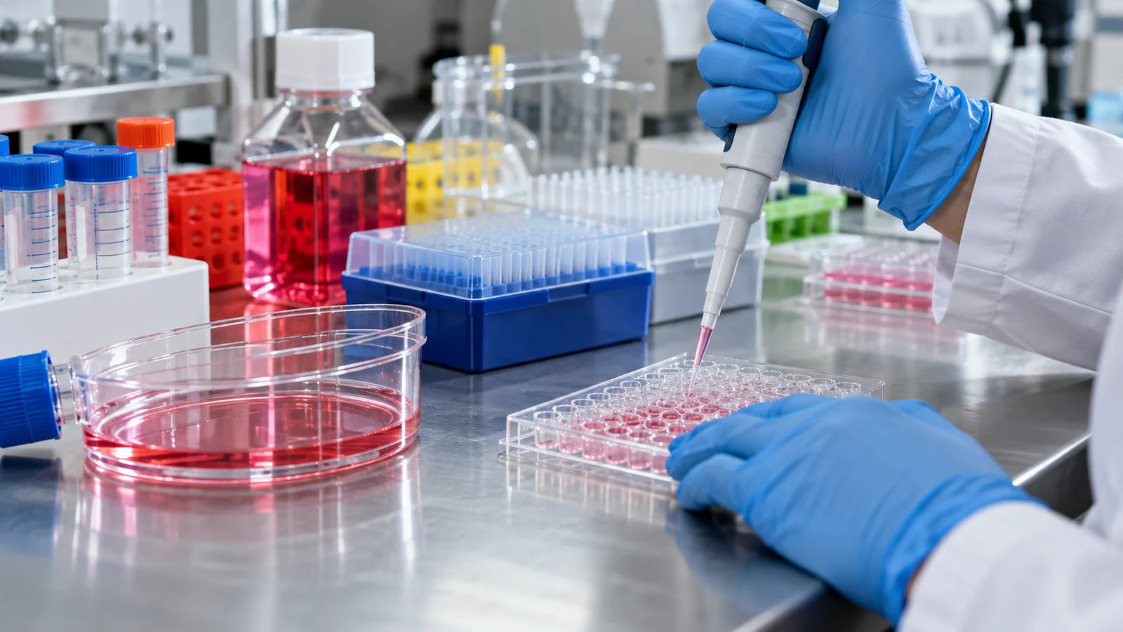 Gloved researcher pipetting cultured samples in a modern lab