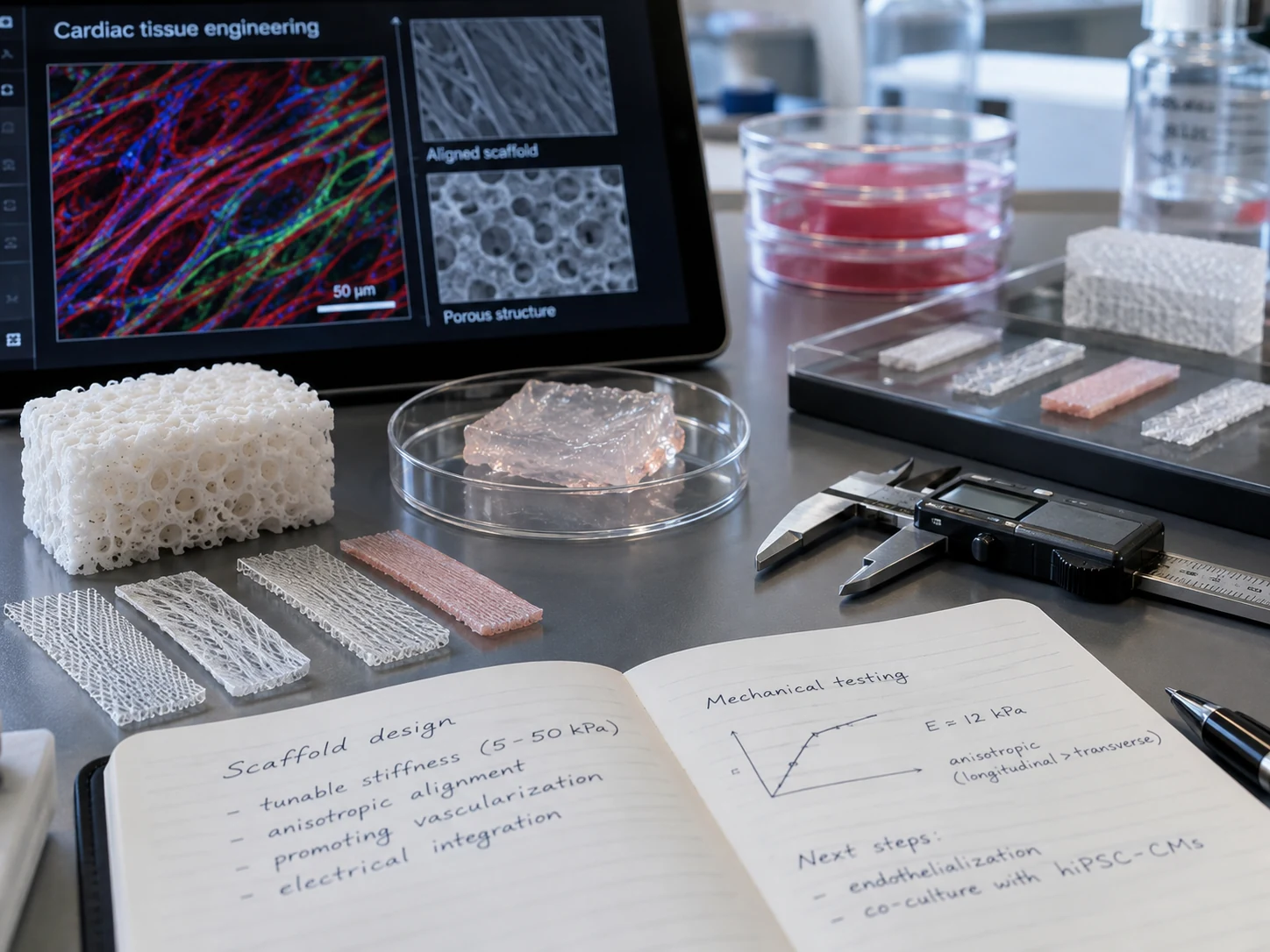 Cardiac tissue-engineering workstation with scaffold samples, hydrogels, and mechanical design notes.