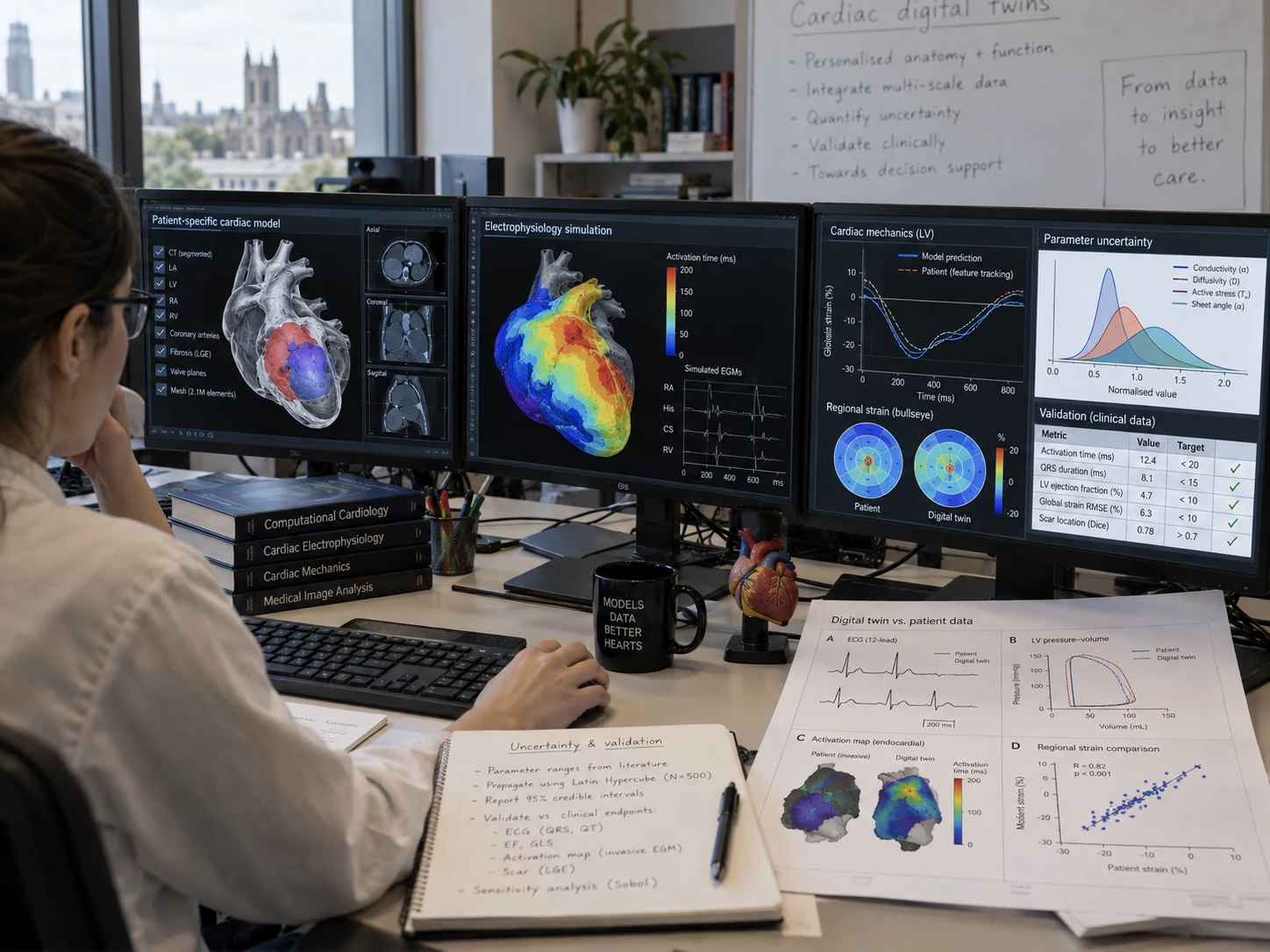 Cardiac digital-twin workspace with patient-specific heart models, simulations, and uncertainty plots.