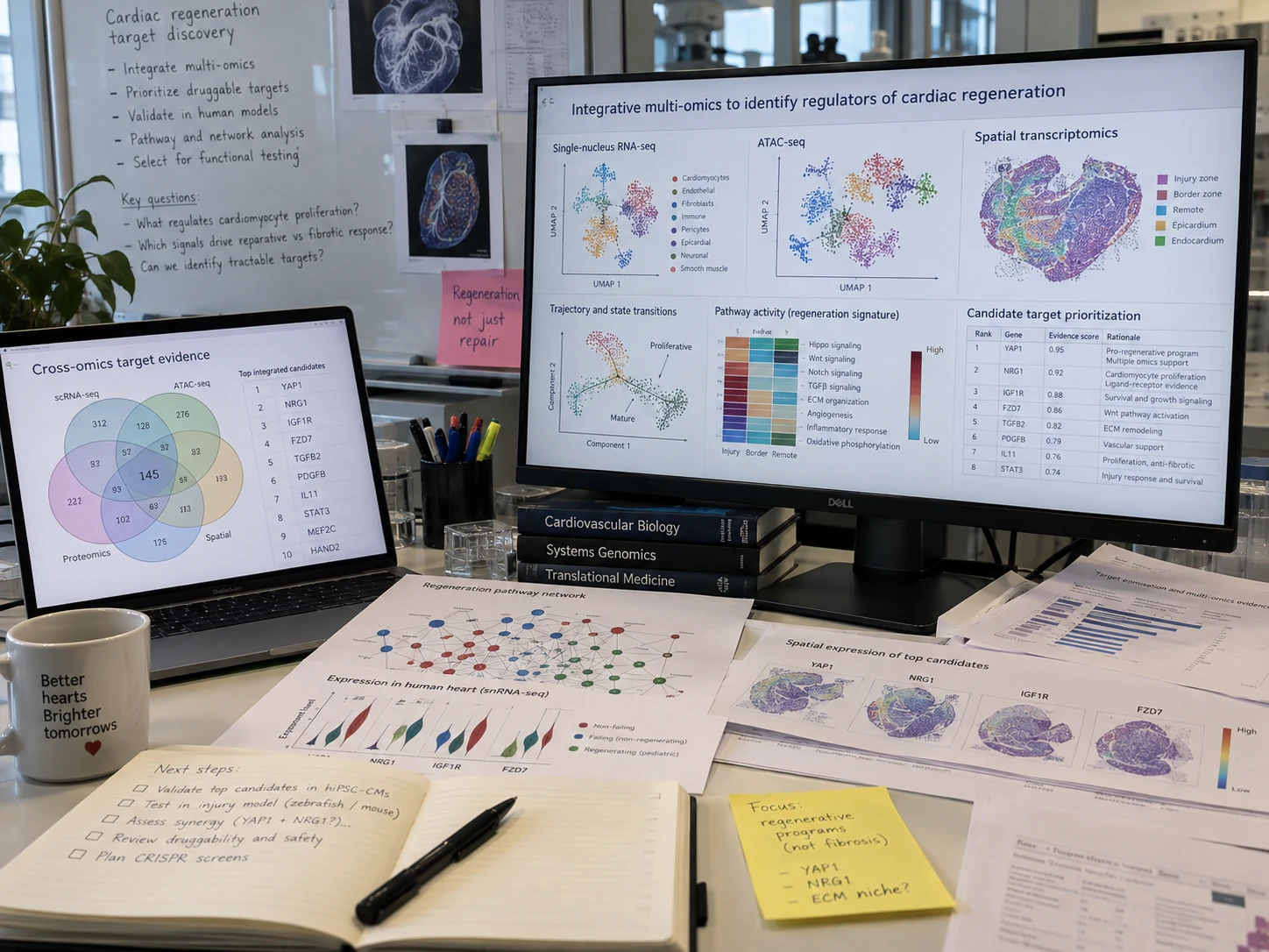 Discovery-science workstation integrating multi-omics panels and target-prioritization outputs for cardiac regeneration.