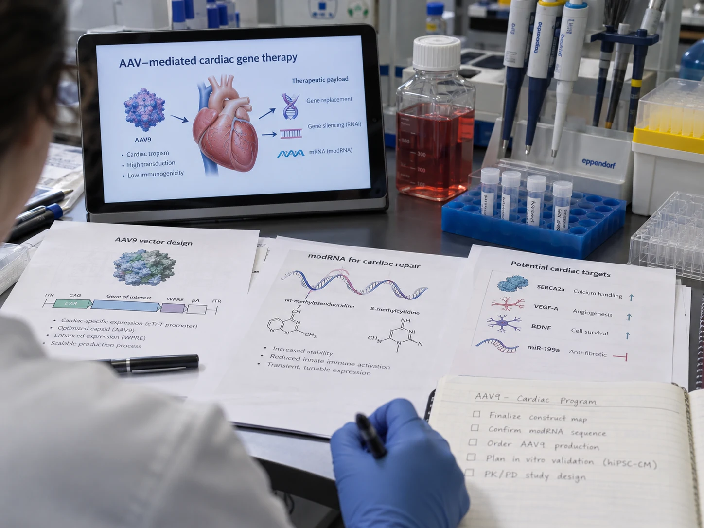 Cardiac gene-therapy research bench showing AAV and modRNA planning materials.