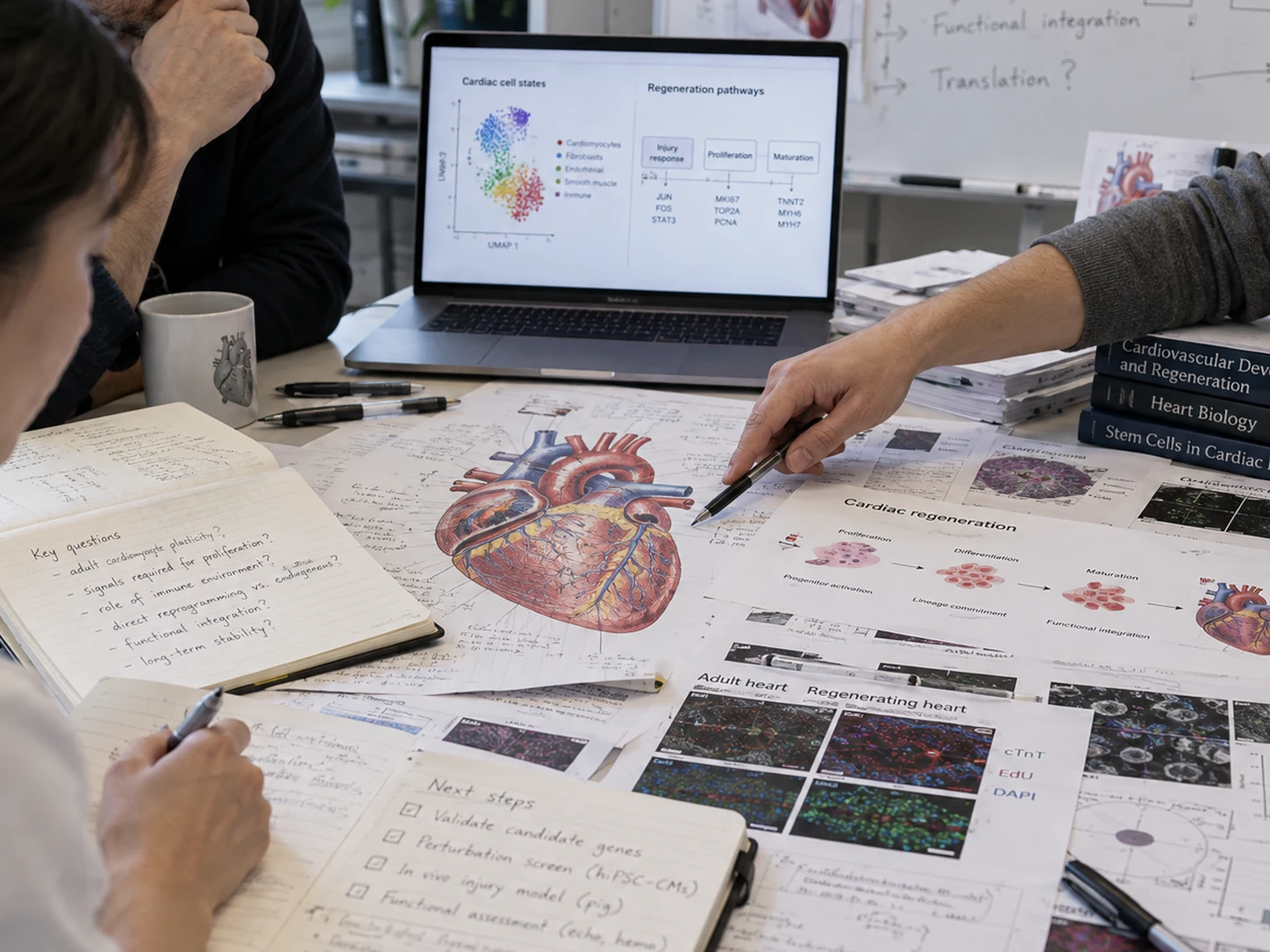Microscopy-oriented regeneration biology workspace with cardiac histology, a microscope, and signaling pathway notes.