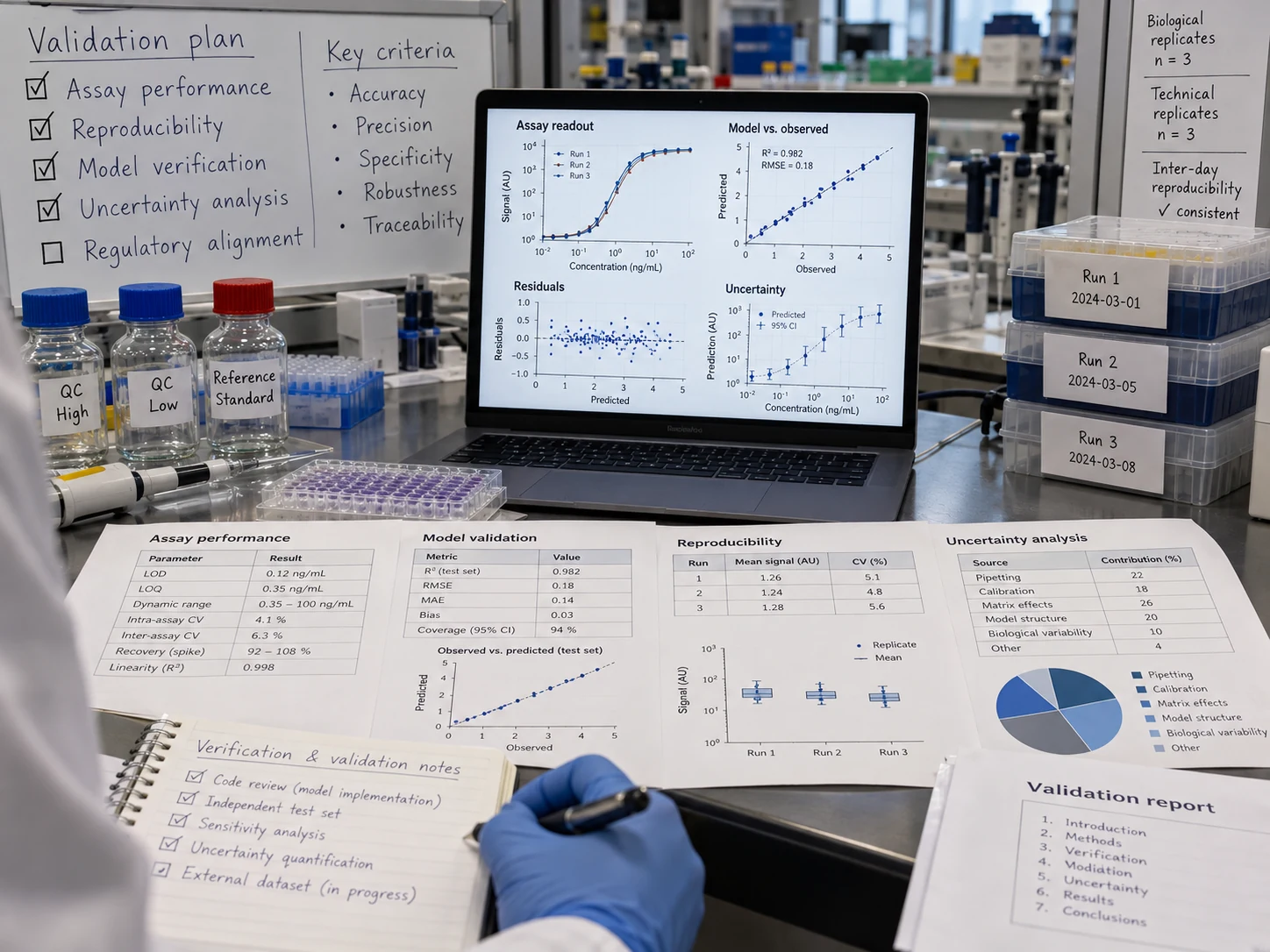 Validation-science laboratory desk with assay metrics, reproducibility summaries, and uncertainty analysis.
