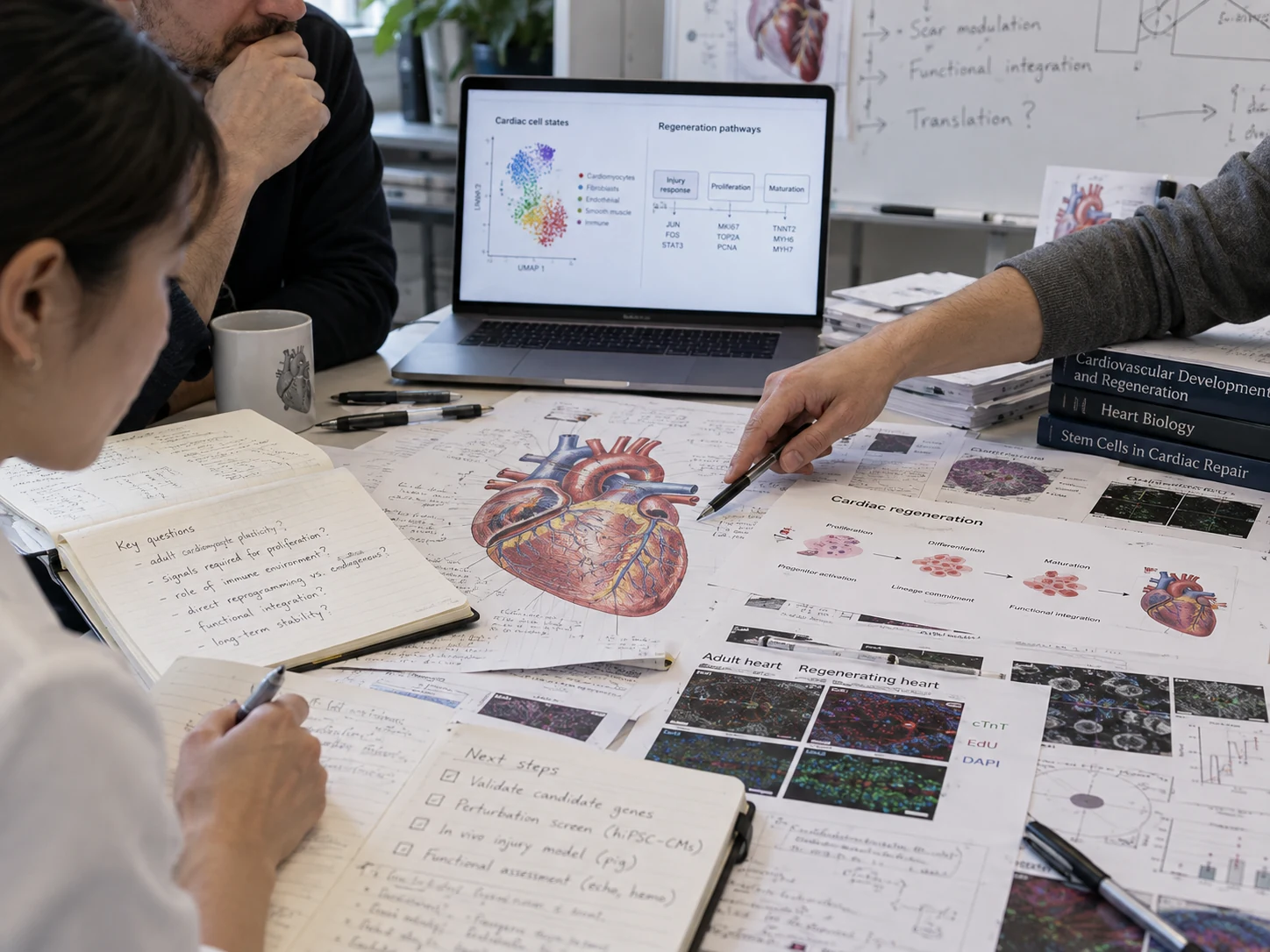 Researchers reviewing detailed cardiac regeneration materials and a laptop with mechanistic biology diagrams.